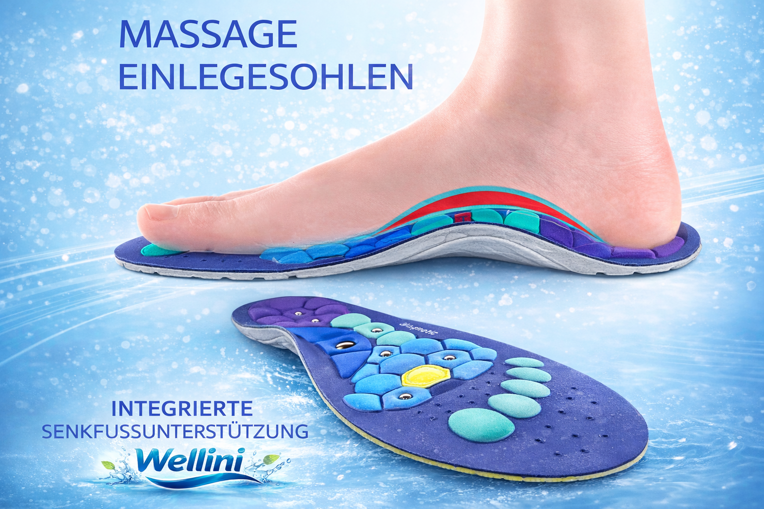 Detaillierte Nahaufnahme der magnetischen Akupressur-Einlegesohlen von Wellini mit sichtbaren Magneten und Textur