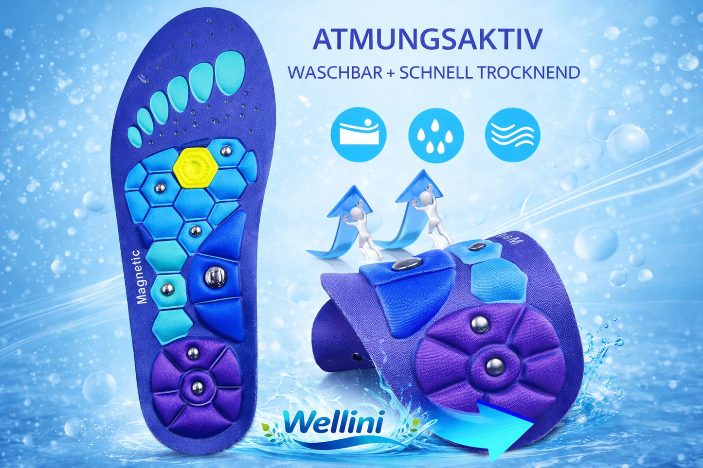 Magnetische Akupressur-Einlegesohlen von Wellini, mit kleinen Magneten zur Unterstützung der Fußreflexzonen, auf einem weißen Hintergrund