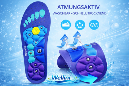 Magnetische Akupressur-Einlegesohlen von Wellini, mit kleinen Magneten zur Unterstützung der Fußreflexzonen, auf einem weißen Hintergrund