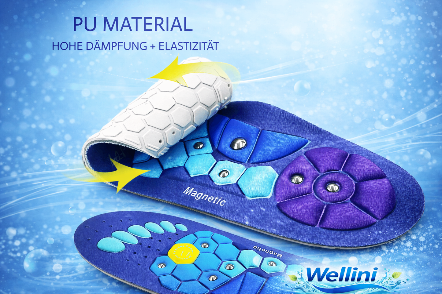 Magnetische Akupressur-Einlegesohlen von Wellini, bequeme orthopädische Einlagen für Fußmassage und Schmerzfreiheit.
