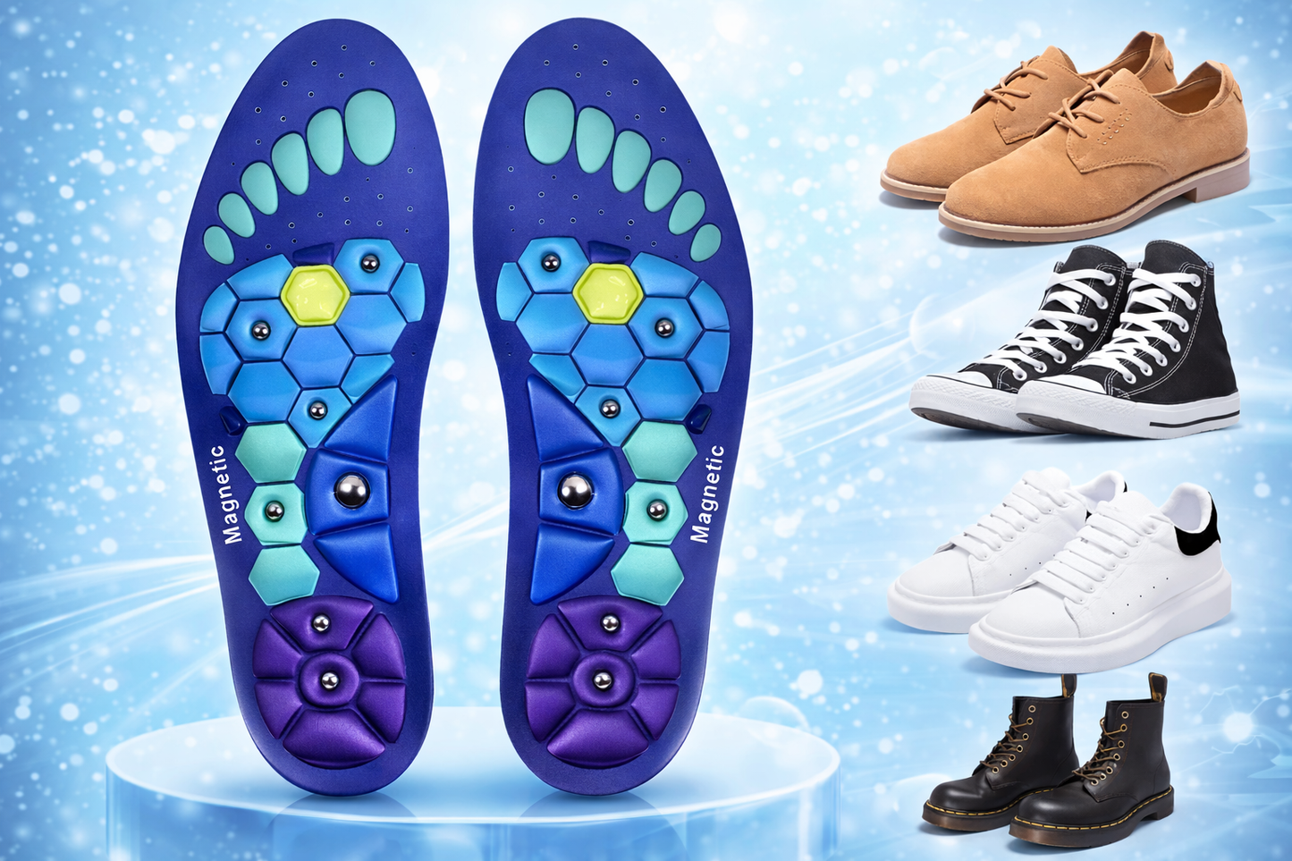 Weiße magnetische Akupressur-Einlegesohlen von Wellini mit kleinen Magneten für Fußmassage und Komfort.