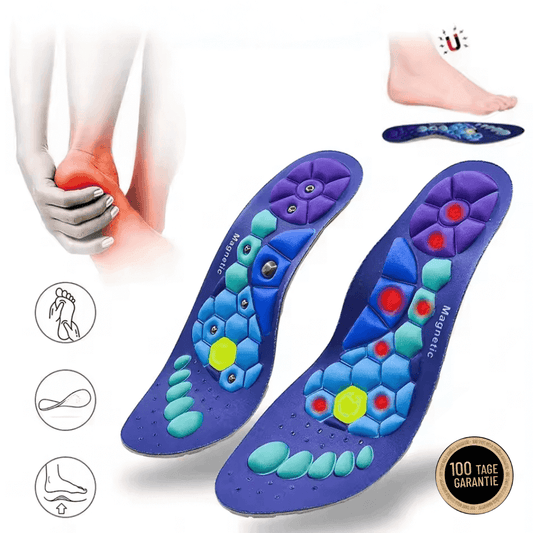 Detaillierte Aufnahme der Wellini magnetischen Akupressur-Einlegesohlen mit schwarzem Design, ideal zur Fußmassage und Schmerzlinderung